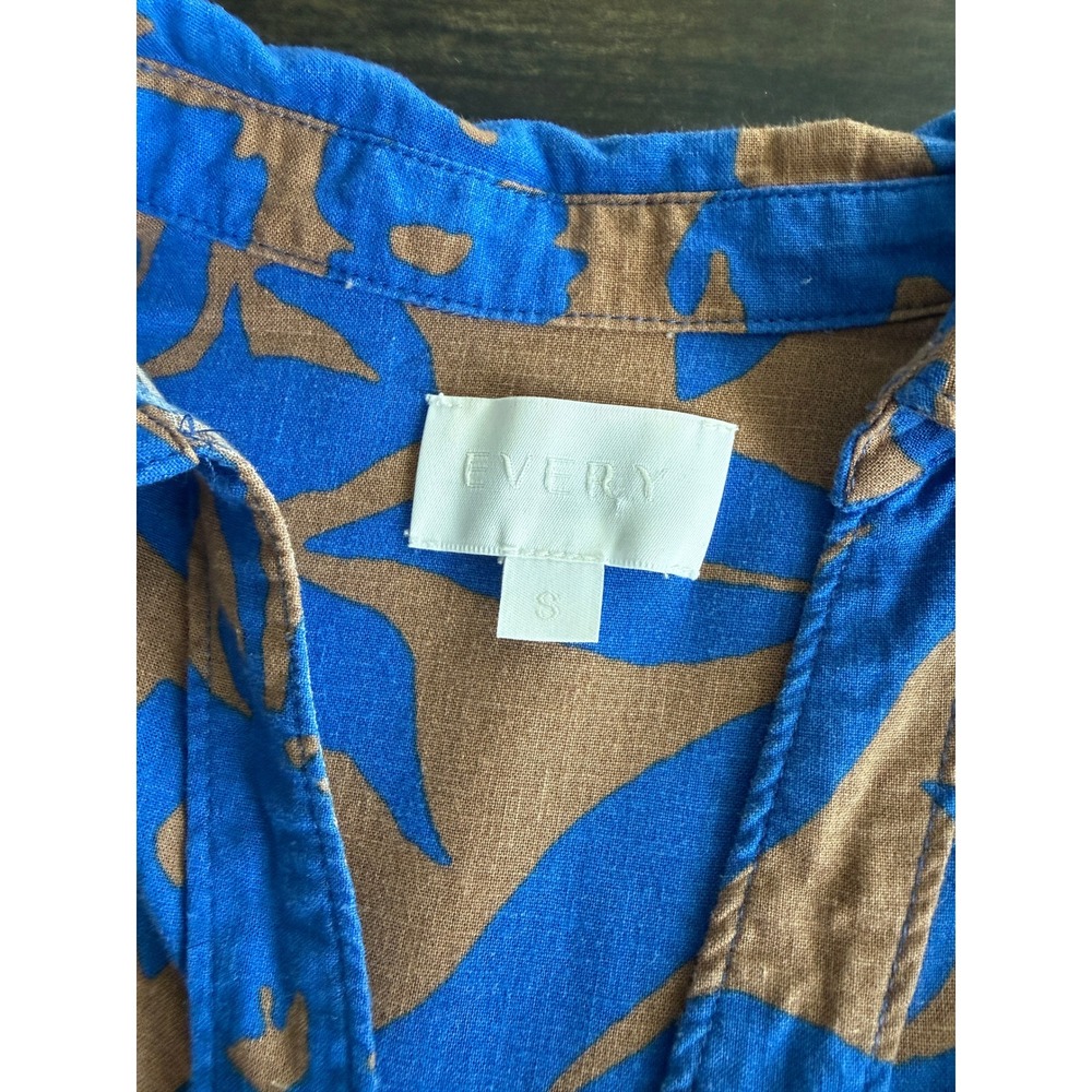 Every Linen Blend Tropical Print Button Up Short Sleeve Shirt Blue Brown Small - Picture 4 of 9